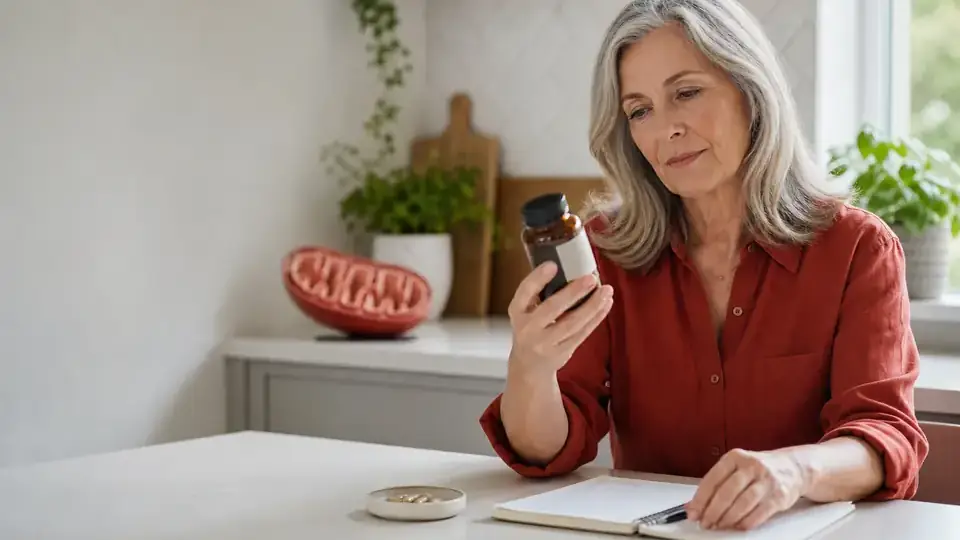 Woman in her late fifties checking an unbranded supplement bottle beside a mitochondrion model
