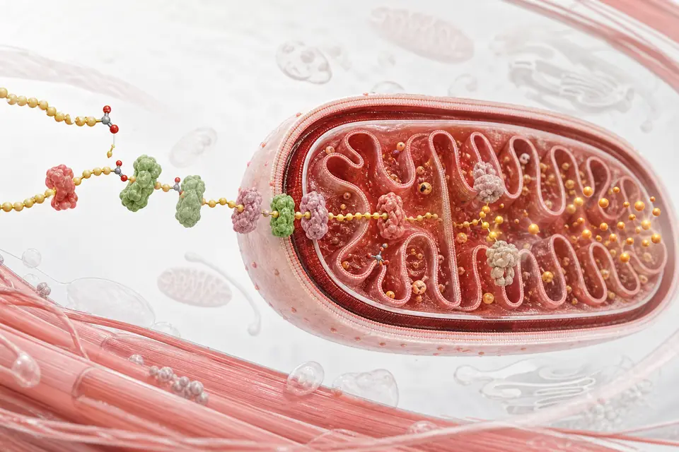 Biomedical illustration of a mitochondrion with carrier-like molecules approaching its membranes