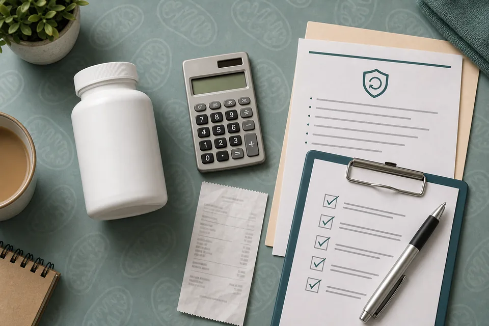 Supplement brand review checklist with calculator, receipt, and refund-policy document