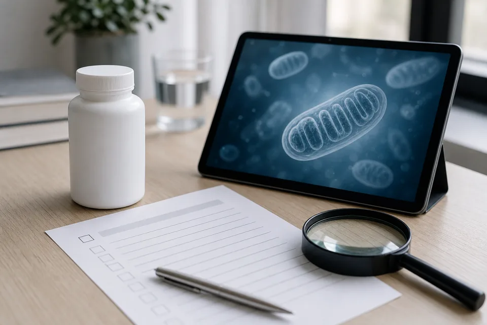 Unbranded supplement review desk with a checklist, tablet mitochondria illustration, and magnifying glass