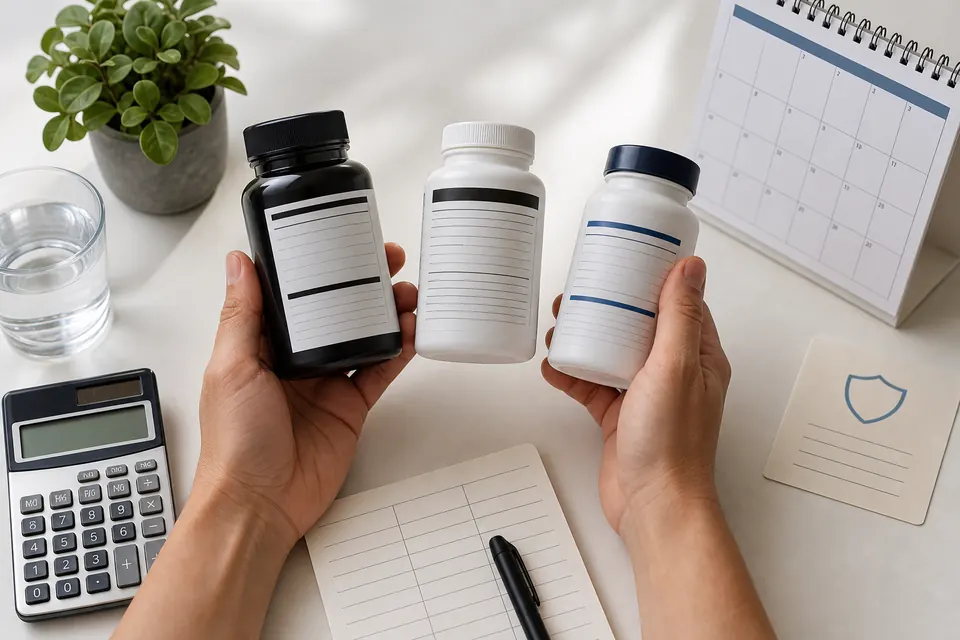 Hands comparing supplement bottles with a calculator, calendar, and refund checklist