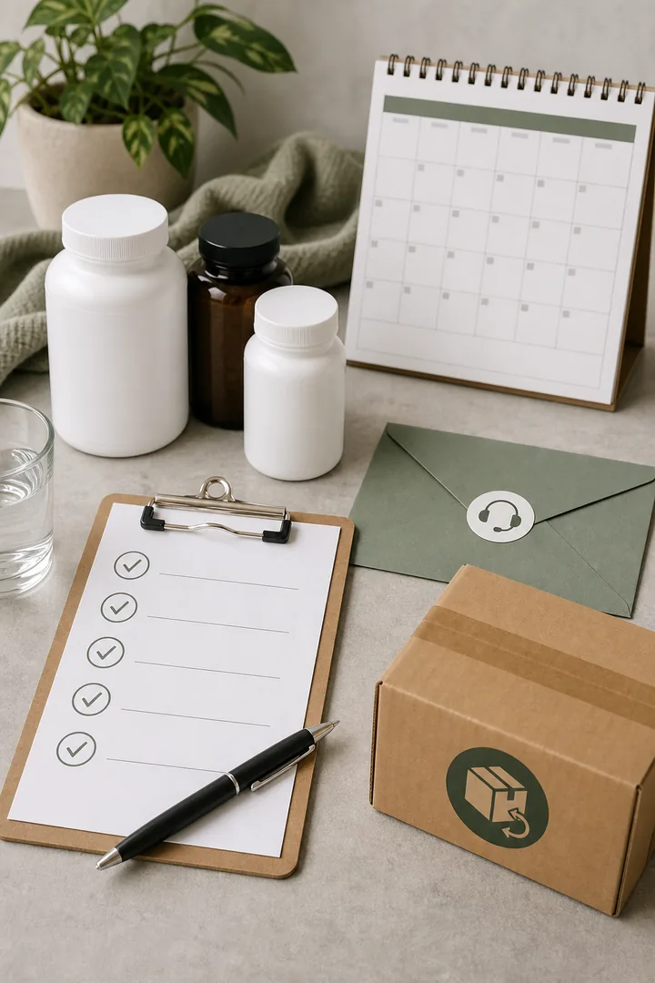 A supplement refund checklist with bottles, a calendar, a service envelope, and a return box