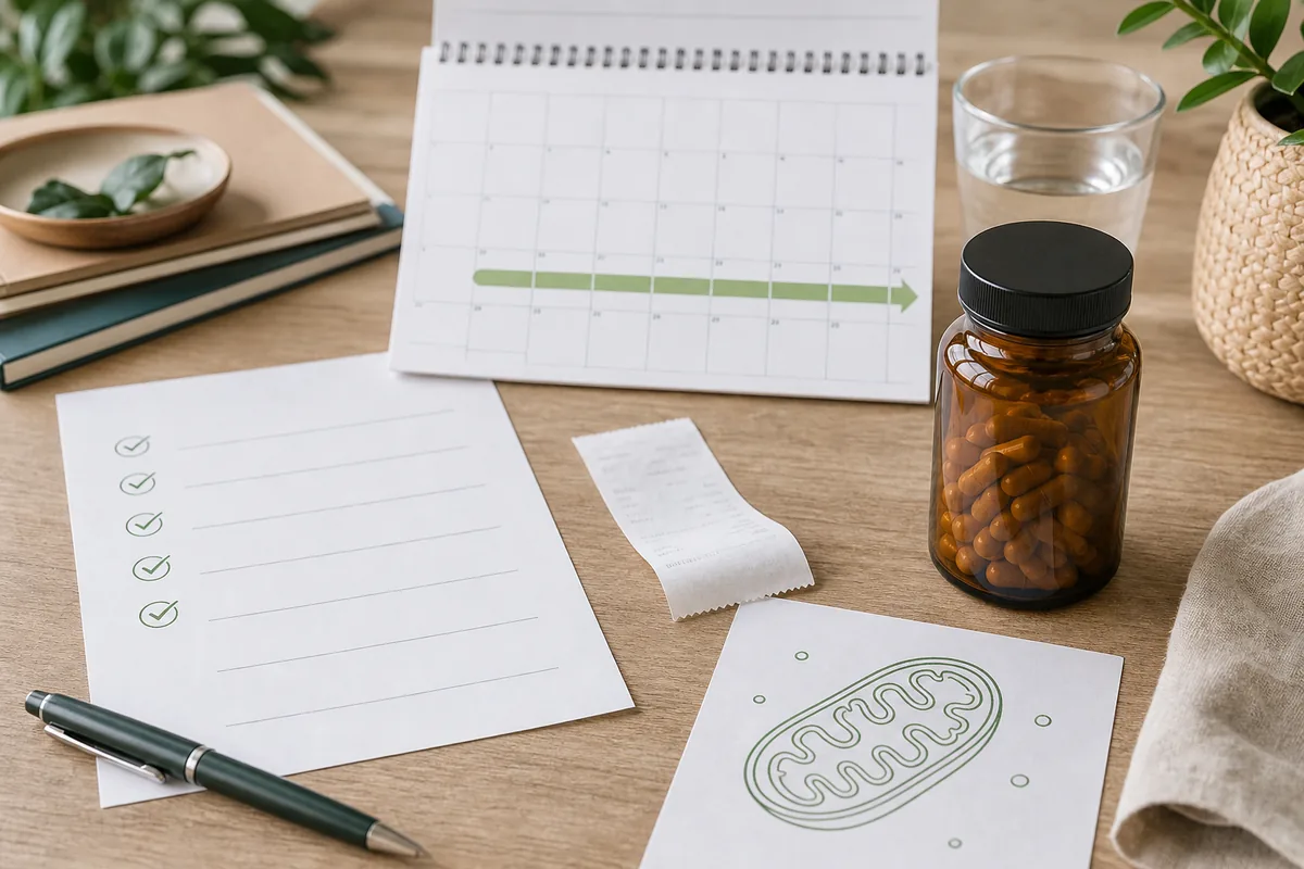 Unbranded supplement bottle beside a 90-day guarantee checklist, receipt, calendar, and mitochondria notes