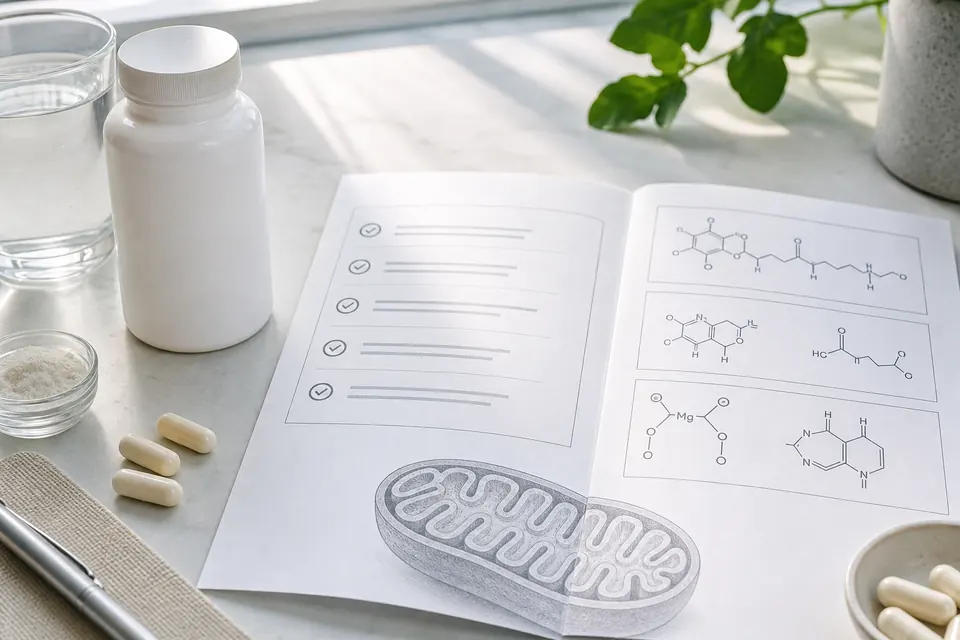 Unbranded supplement bottle beside an ingredient checklist and mitochondria illustration