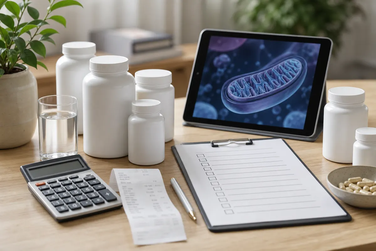 Unbranded supplement bottles beside a calculator, receipt, and buyer checklist for a price guide