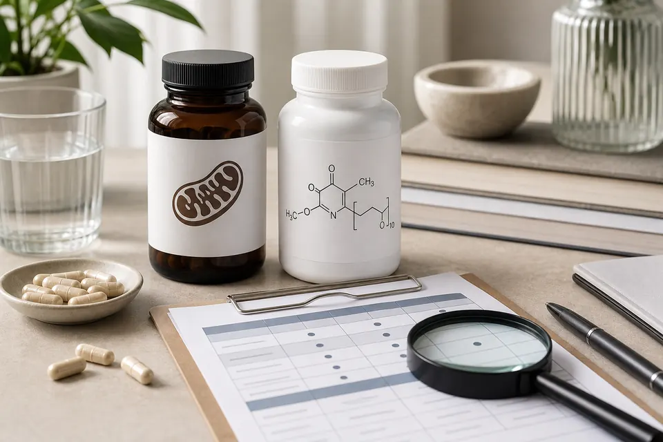 Two unbranded supplement bottles on a desk beside a CoQ10 molecule sketch, mitochondria icon, checklist, and magnifying glass for comparing supplement strategies