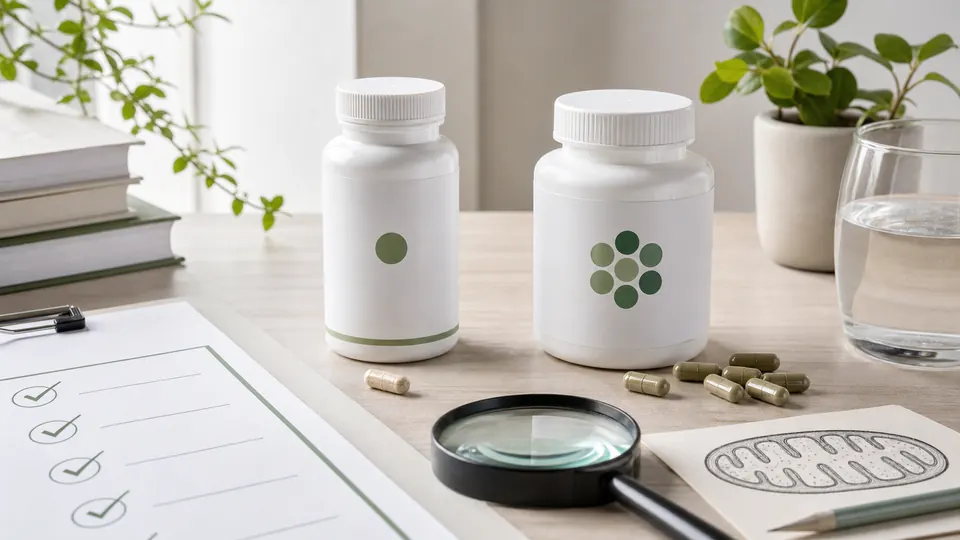 Two unbranded supplement bottles on a desk beside a mitochondria sketch, checklist, and magnifying glass for comparing mitochondrial support formulas
