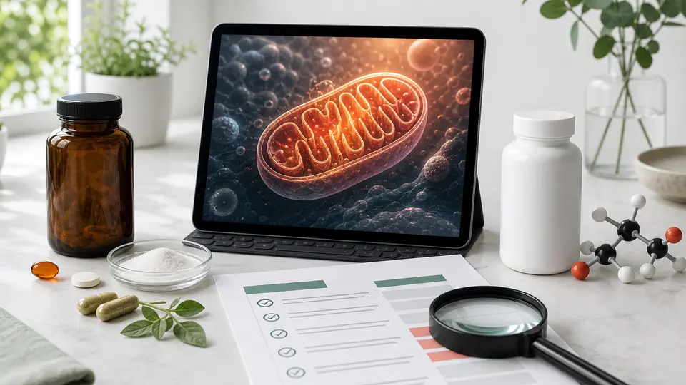 Unbranded broad mitochondrial formula and focused NAD supplement arranged beside a mitochondria display and buyer checklist