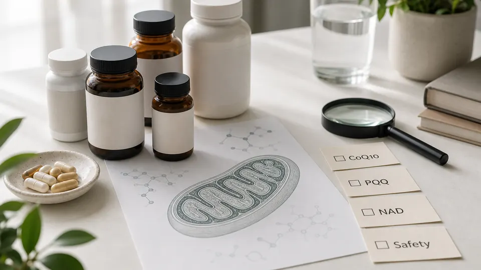 Unbranded supplement bottles, mitochondrion illustration, magnifying glass, and buyer checklist cards for comparing mitochondrial supplements