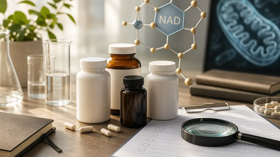 Unbranded NAD supplement bottles, molecule model, mitochondria illustration, checklist, and magnifying glass on a clean desk