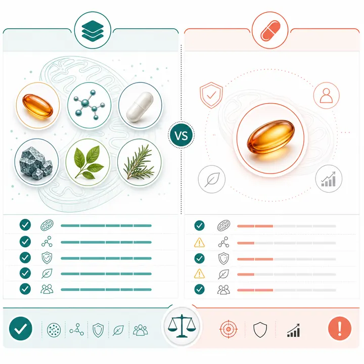 Clean infographic-style comparison of a broad mitochondrial support stack versus a single CoQ10 capsule strategy using icons and checklist symbols
