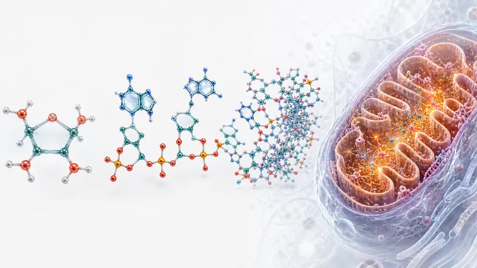 Scientific illustration progressing from a ribose molecular structure through nucleotide forms to a mitochondrion