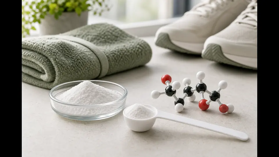 D-ribose powder and a molecular model beside walking shoes and an exercise towel