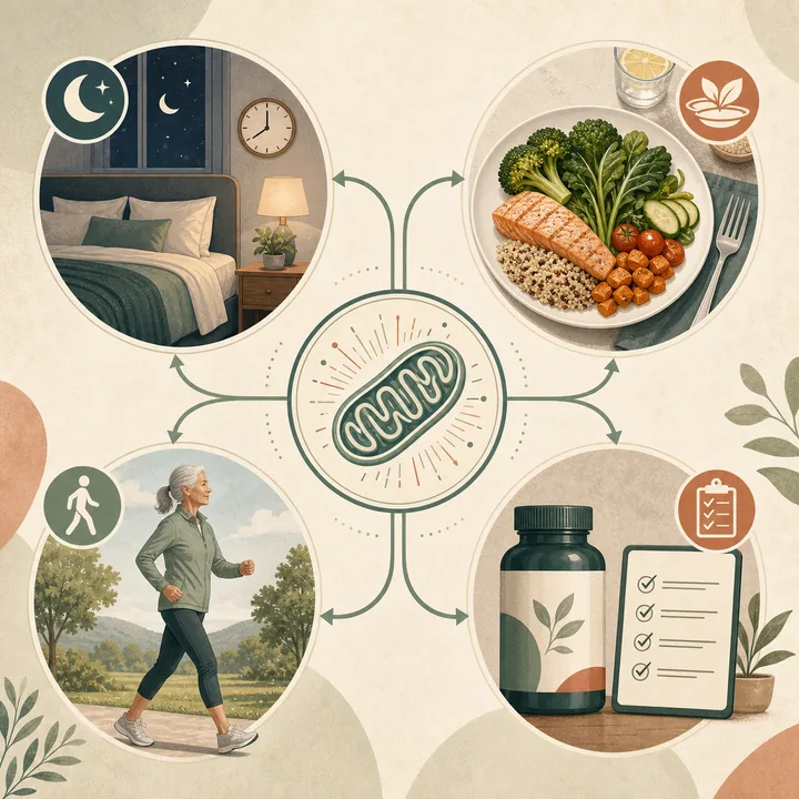 Illustrated decision path showing sleep, balanced food, walking, and a supplement label checklist connected to a mitochondria icon