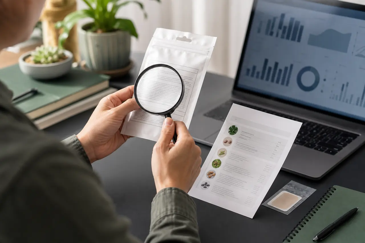 Consumer examining an unbranded wellness patch pouch and ingredient documents with a magnifying glass