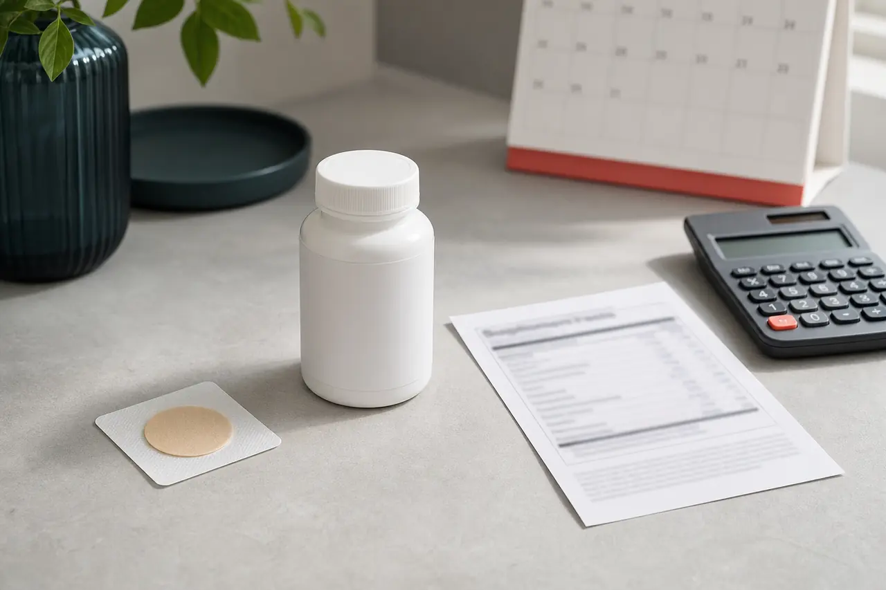 Unbranded wellness patch and capsule bottle beside a calculator, calendar, and blurred supplement label