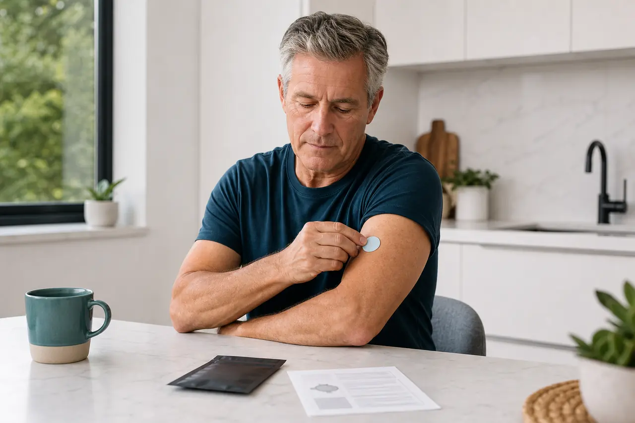 Man in his late fifties applying a small unbranded wellness patch while reading its instructions