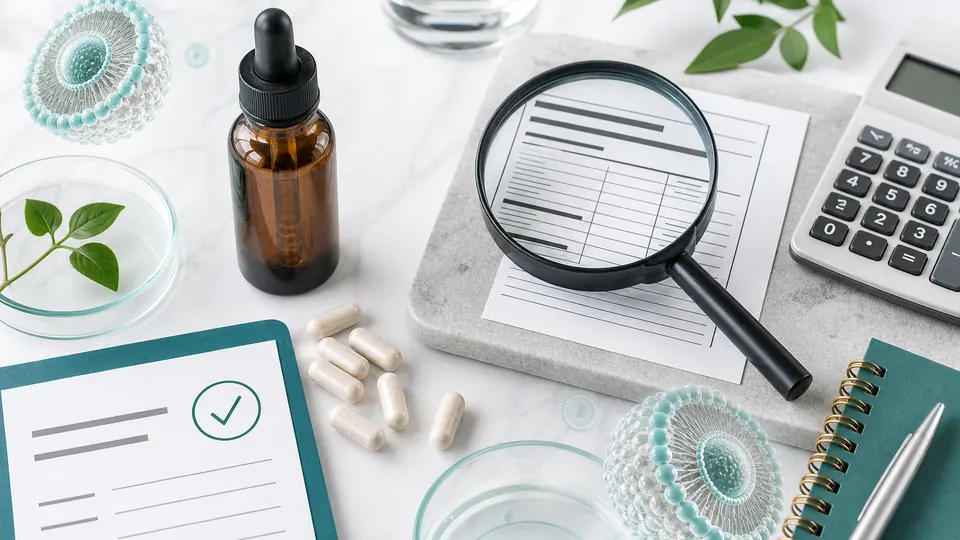 Unbranded dropper bottle, generic supplement panel, magnifying glass, calculator, and lipid vesicle models