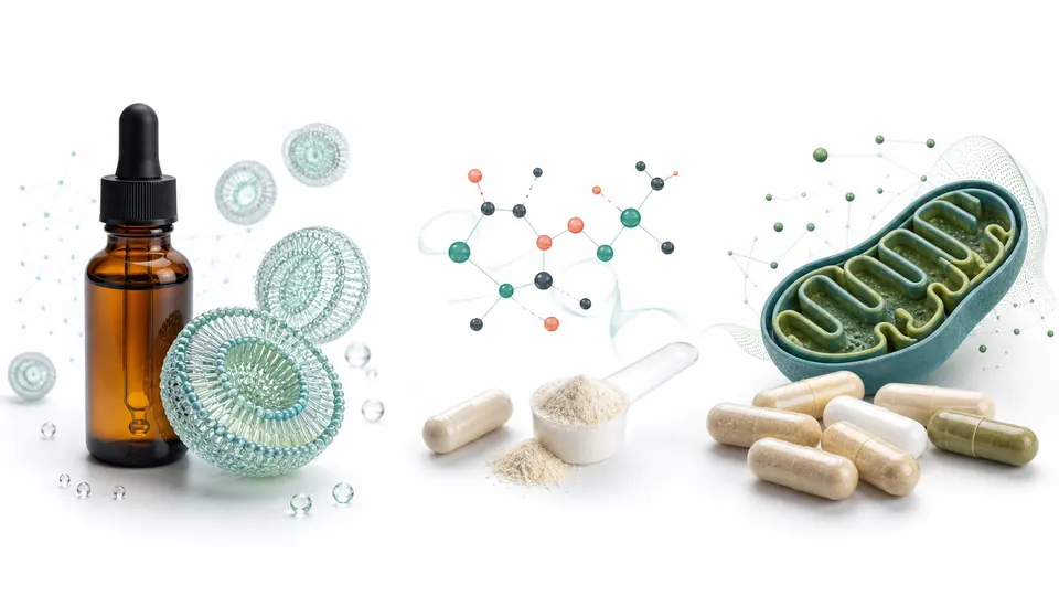 Comparison of a liposomal dropper, precursor capsule and powder, and broad mitochondrial supplement capsules