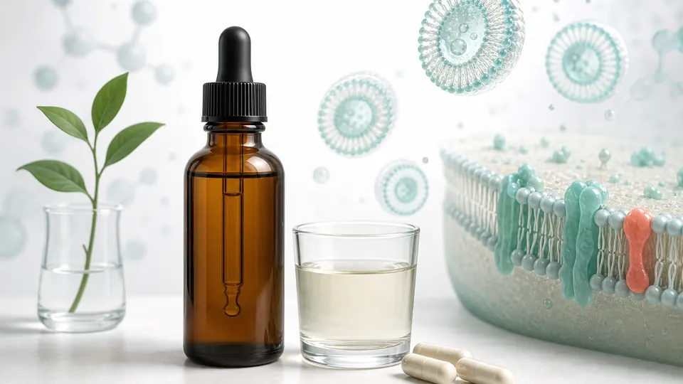 Unbranded liposomal NAD dropper bottle beside lipid vesicle and cell membrane models