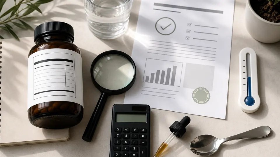 Unbranded supplement bottle, magnifying glass, testing document, calculator, thermometer, and liquid dropper