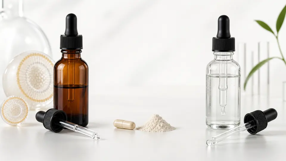 Unbranded liposomal liquid, NMN capsule and powder, and direct NAD-style liquid arranged as separate supplement formats