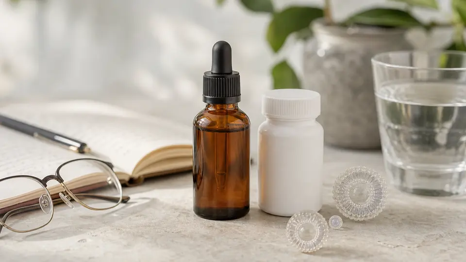 Unbranded liposomal liquid and capsule bottles beside a glass of water and reading glasses