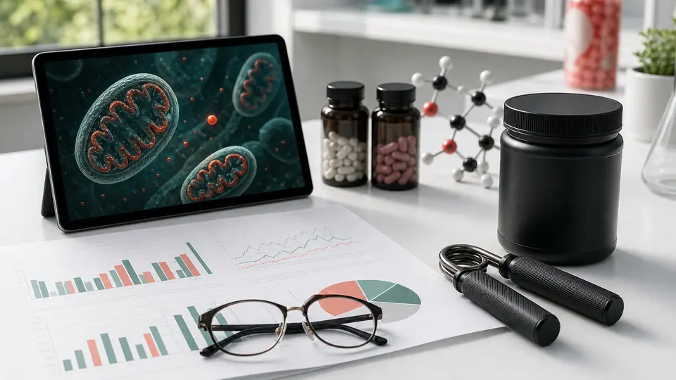Research desk with human study charts, exercise grips, unbranded supplements, a molecular model, and mitochondrial imagery