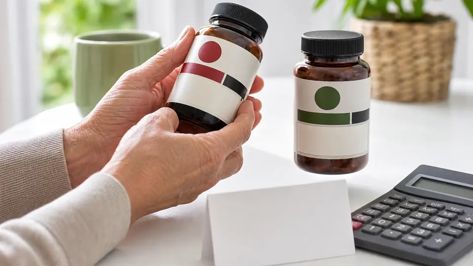 Older adult comparing two unbranded supplement bottles beside a calculator and blank price card