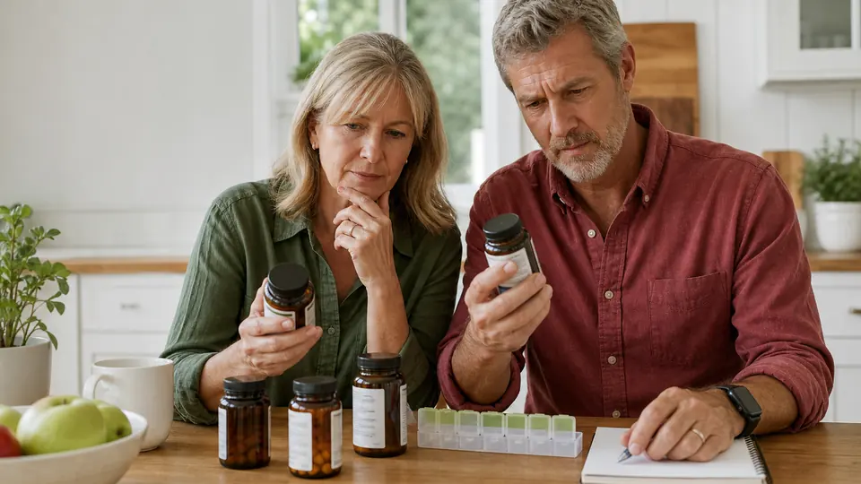 Couple in their late fifties carefully comparing unbranded supplement bottles at a kitchen table