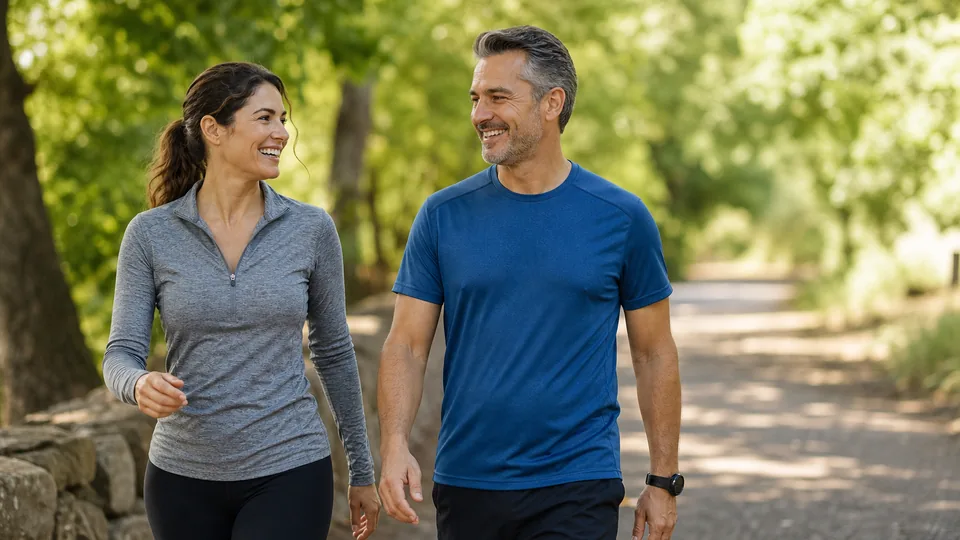 Middle-aged couple walking together on a leafy park path as part of a natural healthy-aging routine