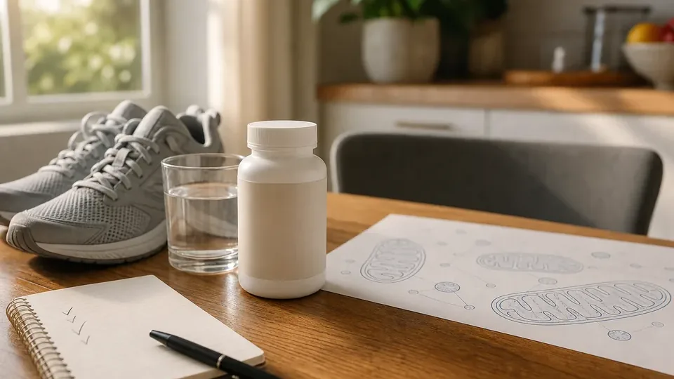 Unbranded supplement bottle beside walking shoes, water, a notebook checklist, and a mitochondria sketch on a kitchen table