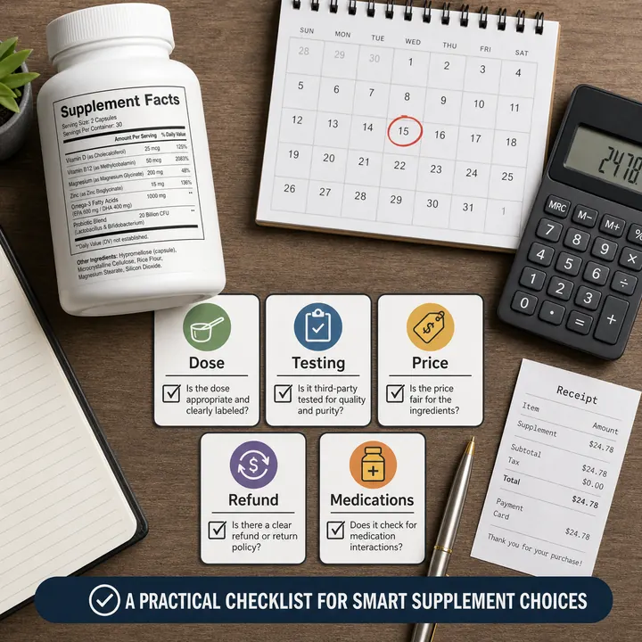 Supplement facts bottle, calculator, calendar, receipt, and checklist cards for dose, testing, price, refund, and medication questions