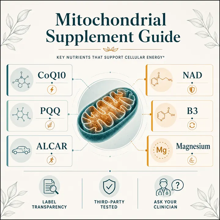 Mitochondrial supplement ingredient map showing CoQ10, PQQ, ALCAR, NAD, B3, magnesium, label transparency, third-party testing, and clinician questions