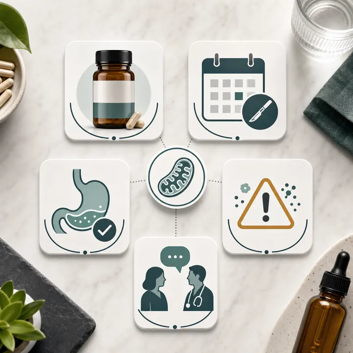 Checklist-style image showing medication, surgery timing, stomach tolerance, allergy warning, and clinician discussion icons for supplement safety
