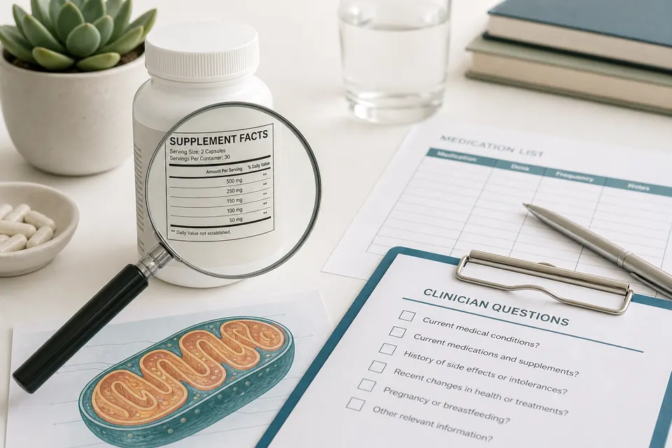Unbranded supplement bottle, medication list, label magnifier, and clinician question checklist for mitochondrial supplement safety review