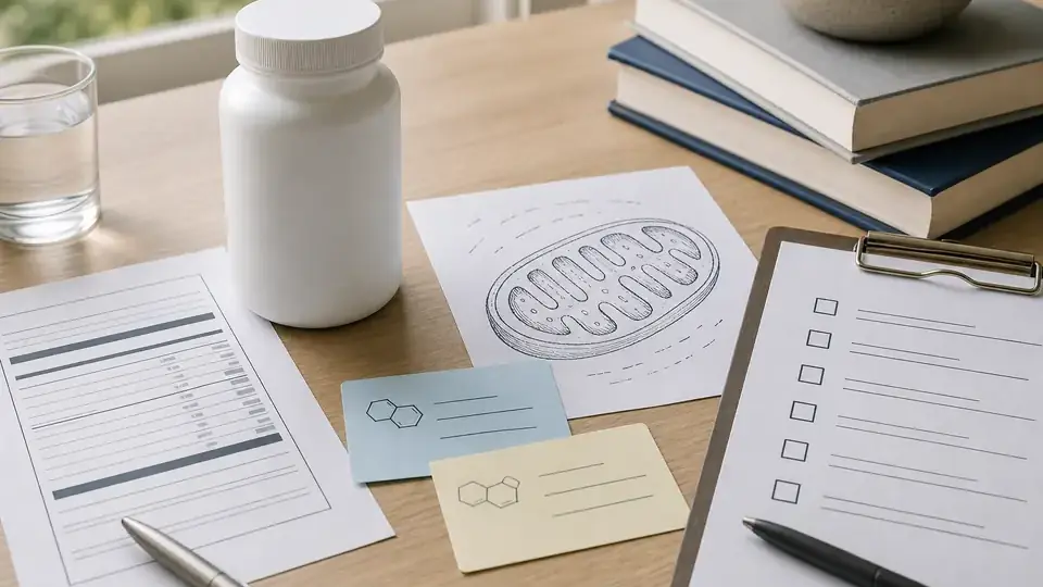 Unbranded supplement bottle beside a supplement label, mitochondria sketch, ingredient notes, and clinician question checklist