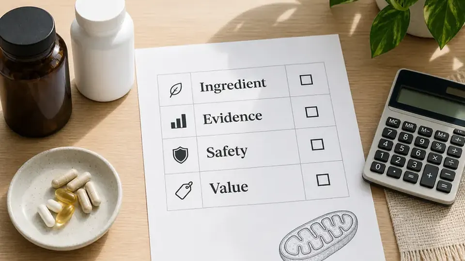 Supplement buyer checklist with ingredient, evidence, safety, and value categories beside bottles and a calculator