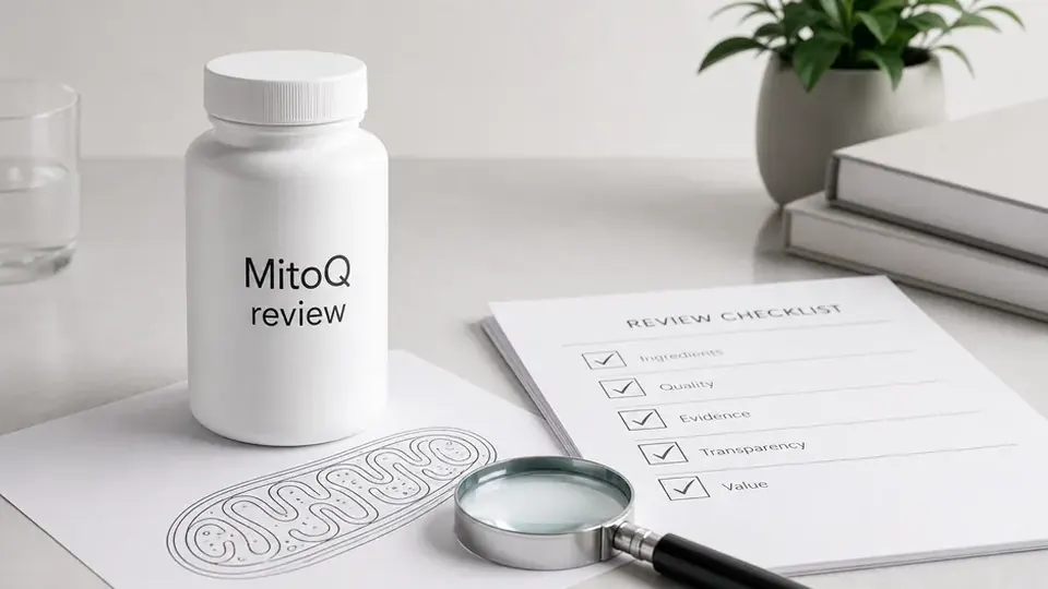 Unbranded MitoQ supplement review bottle beside a mitochondria sketch, magnifying glass, and review checklist