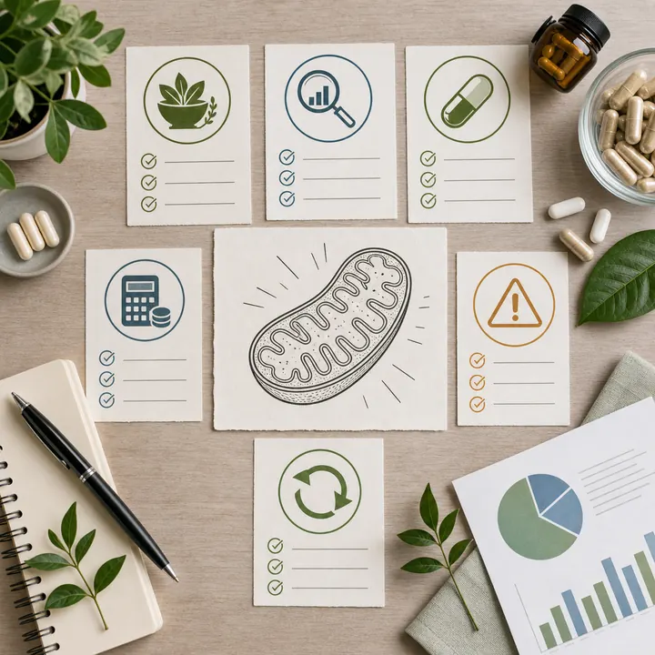 Buyer checklist graphic with icons for ingredient scope, evidence strength, price per serving, safety cautions, and refund policy around a mitochondria sketch