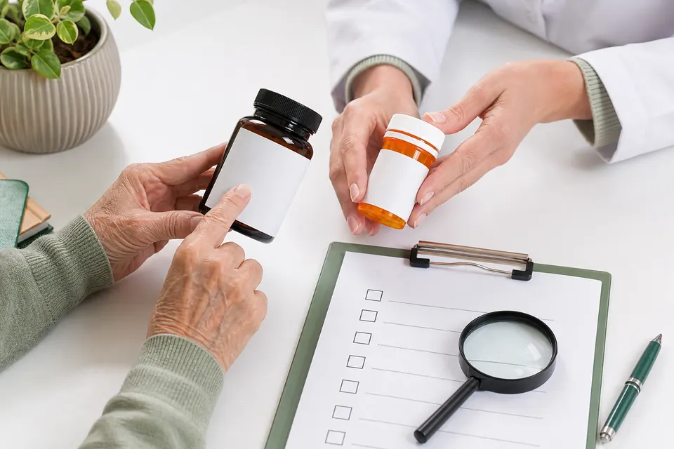 Older adult and pharmacist comparing an unbranded supplement bottle with a prescription bottle and safety checklist
