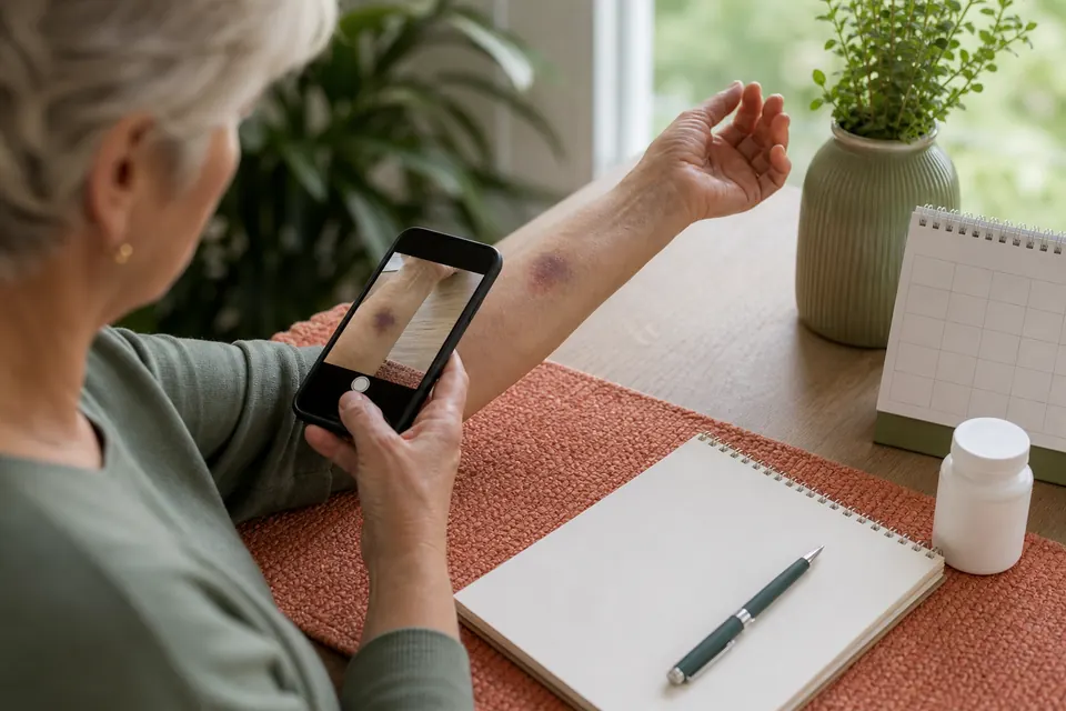 Older woman photographing a small forearm bruise beside a blank symptom journal and unbranded supplement bottle