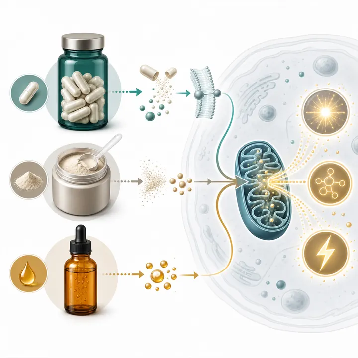 Illustration comparing different NAD supplement forms with capsules, powder, liquid, cell pathway icons, and mitochondria imagery