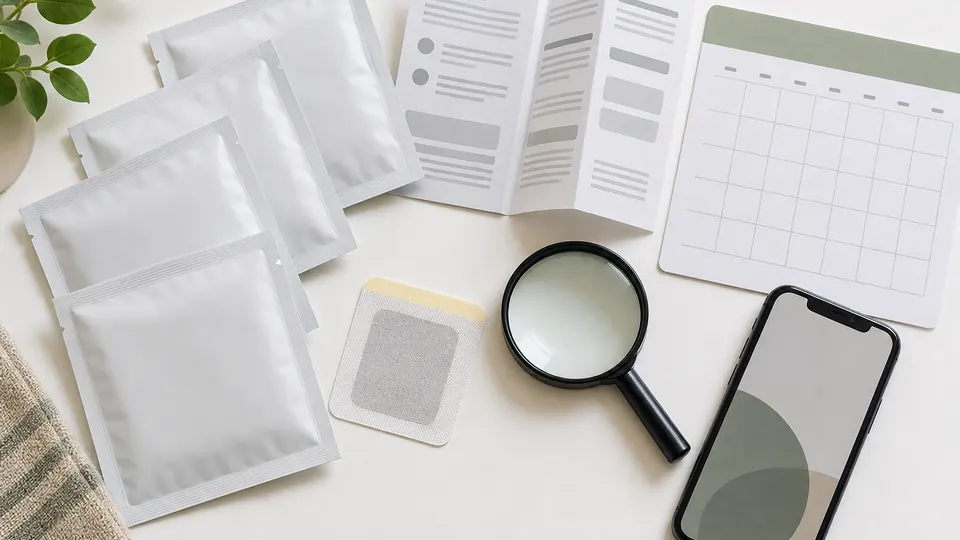 Unbranded patch pouches, instruction sheet, calendar, phone, and magnifying glass arranged for a buyer check