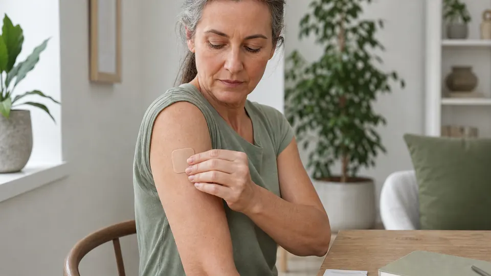 Adult applying a plain unbranded wellness patch to the upper arm at home