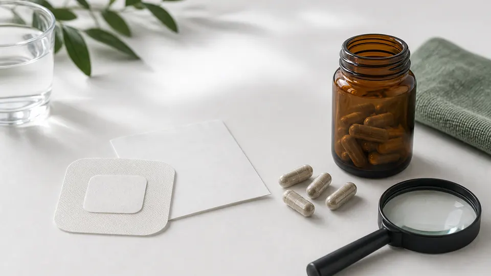 Plain adhesive patch compared with unbranded capsules, water, and a magnifying glass