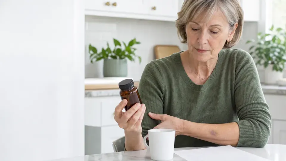 Woman in her sixties checking a small forearm bruise while reading an unbranded supplement bottle