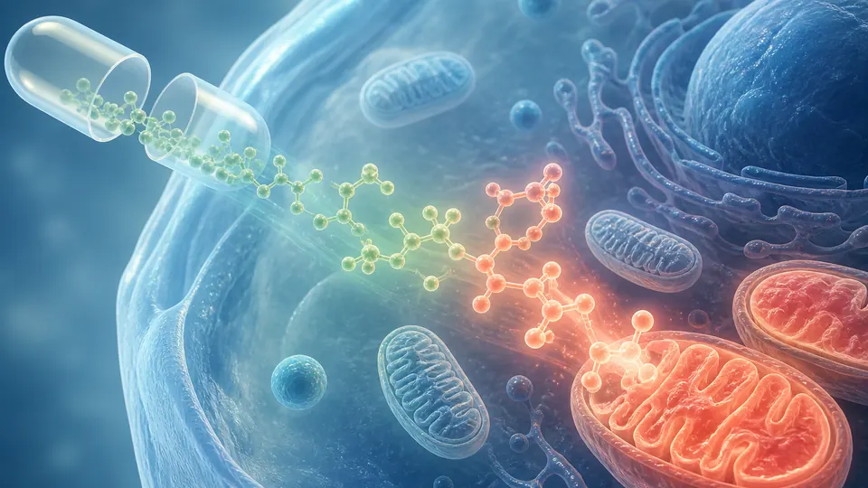 Conceptual illustration of nutrient molecules moving from a capsule toward glowing mitochondria inside a cell