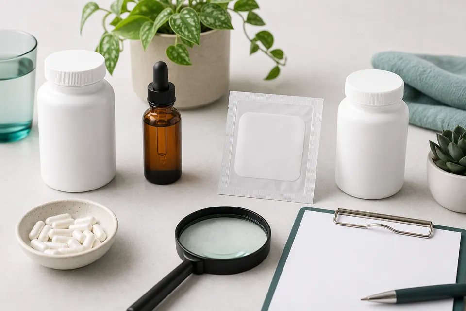 Unbranded capsule bottles, liquid dropper, patch packet, magnifying glass, and blank checklist arranged for a supplement safety review