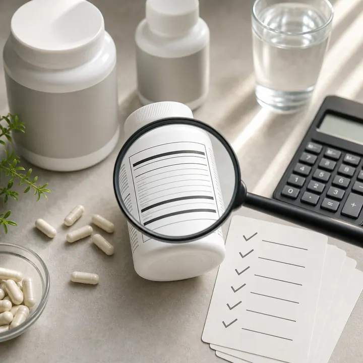 Unbranded supplement label reviewed with a magnifying glass, calculator, water glass, and checklist cards
